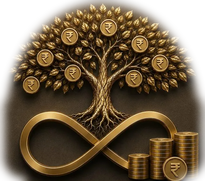 The Wealth Momentum emblem: a golden tree bearing rupee coins, rooted in an infinity symbol beside rising coin stacks